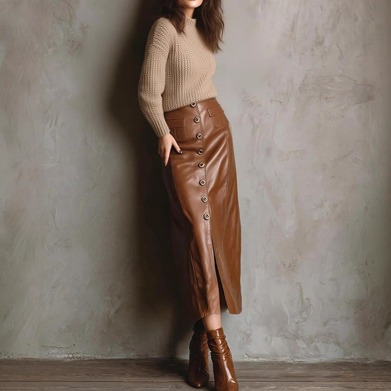 Faux Leather Bodycon Midi Skirt