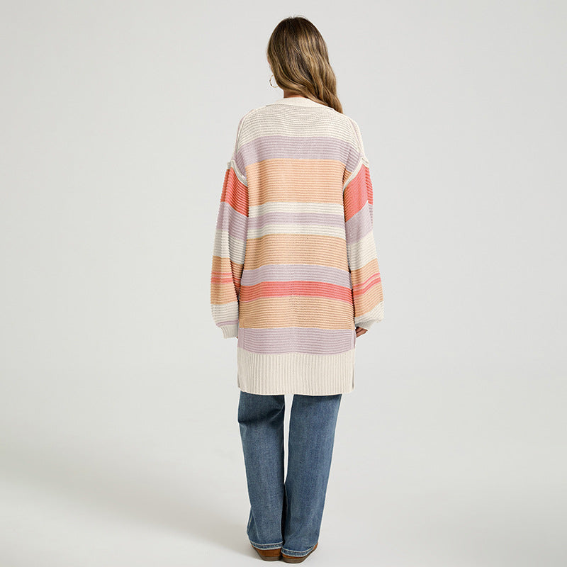 Color-Block Striped Knit Cardigan