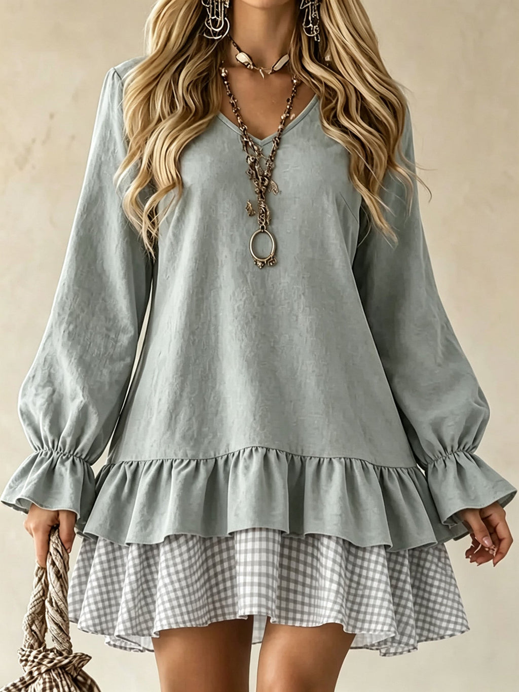 Plaid Patchwork Mini Dress W/ Ruffle Sleeve