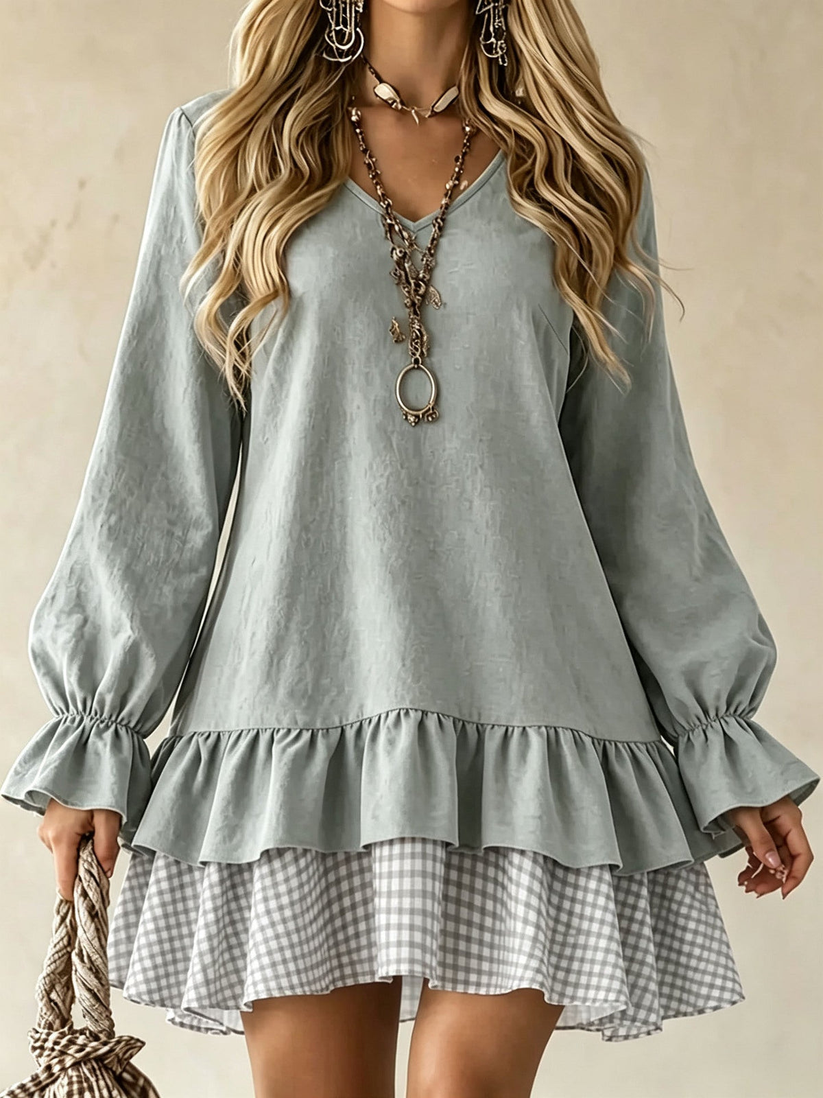 Plaid Patchwork Mini Dress W/ Ruffle Sleeve