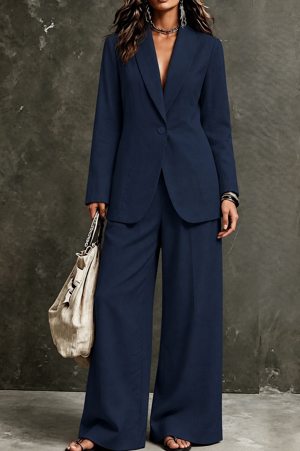 Women's Linen-Look Single-Button Blazer & Wide-Leg Trouser Suit Set
