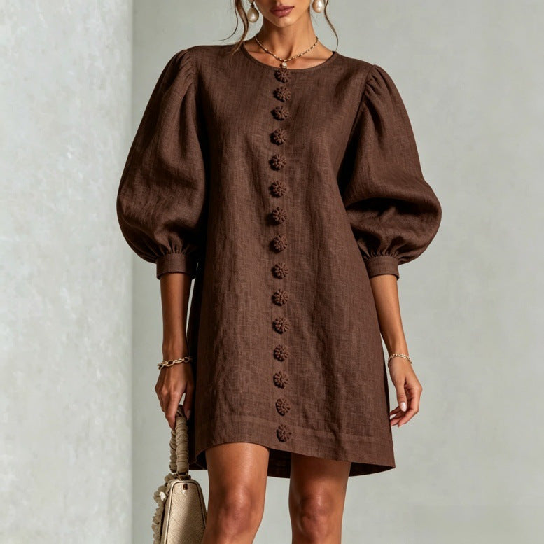 Button Front A-Line Puff Sleeve Dress