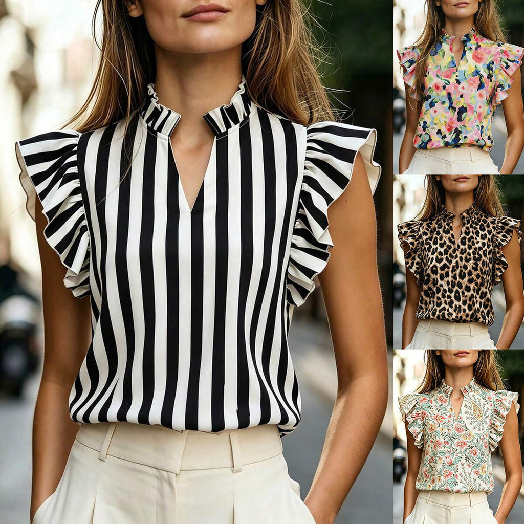 Mini Collar Ruffle-Trim Printed Top