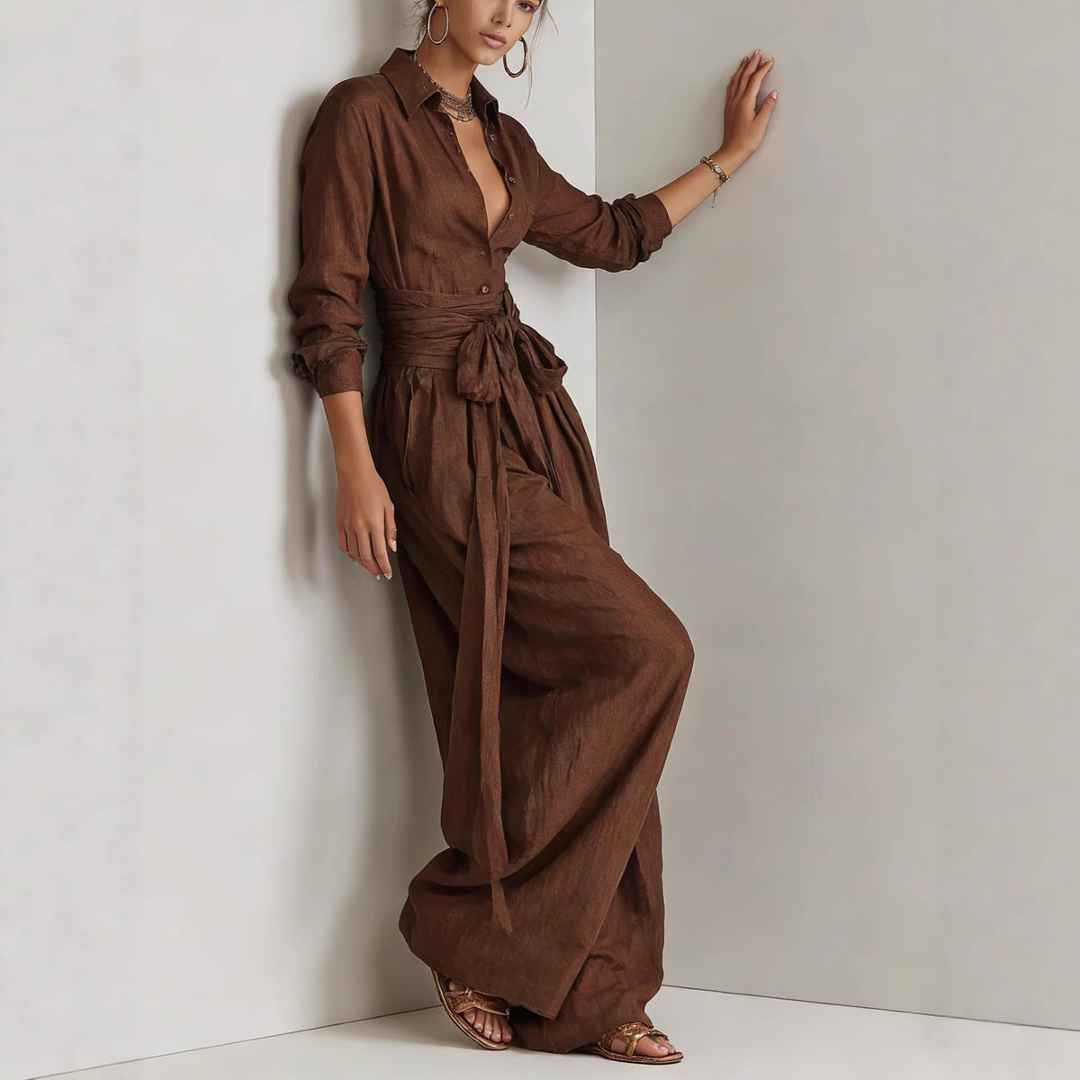 Women's Linen Long Sleeve Shirt & High-Waist Wide-Leg Pants Set with Tie Belt