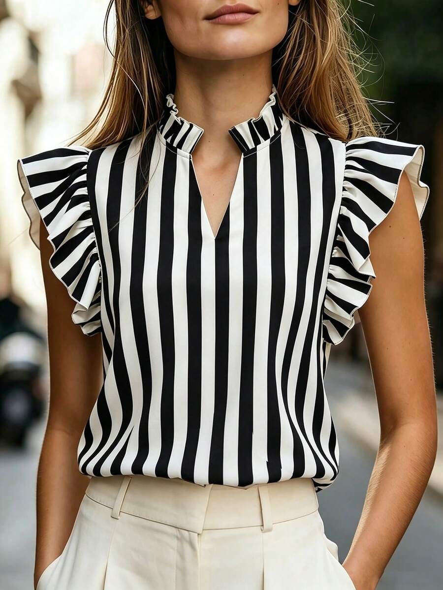 Mini Collar Ruffle-Trim Printed Top