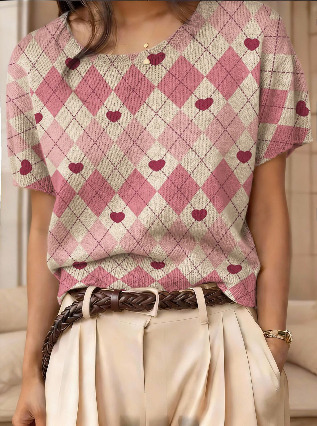 Retro Short-Sleeve Jacquard Knit Top