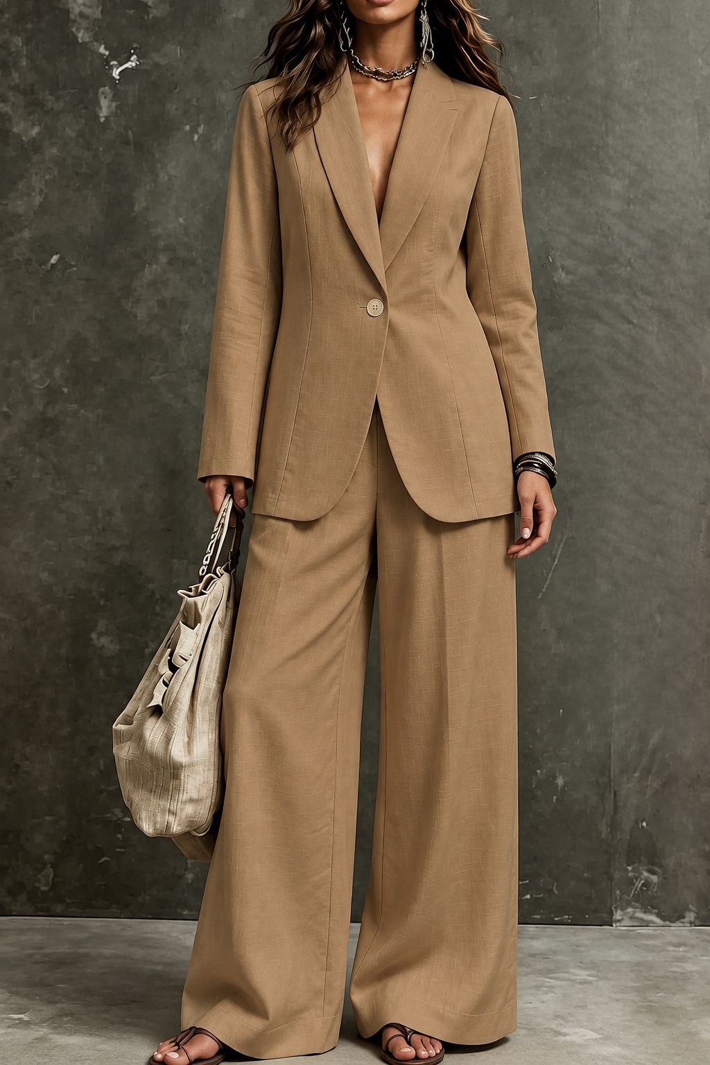Women's Linen-Look Single-Button Blazer & Wide-Leg Trouser Suit Set