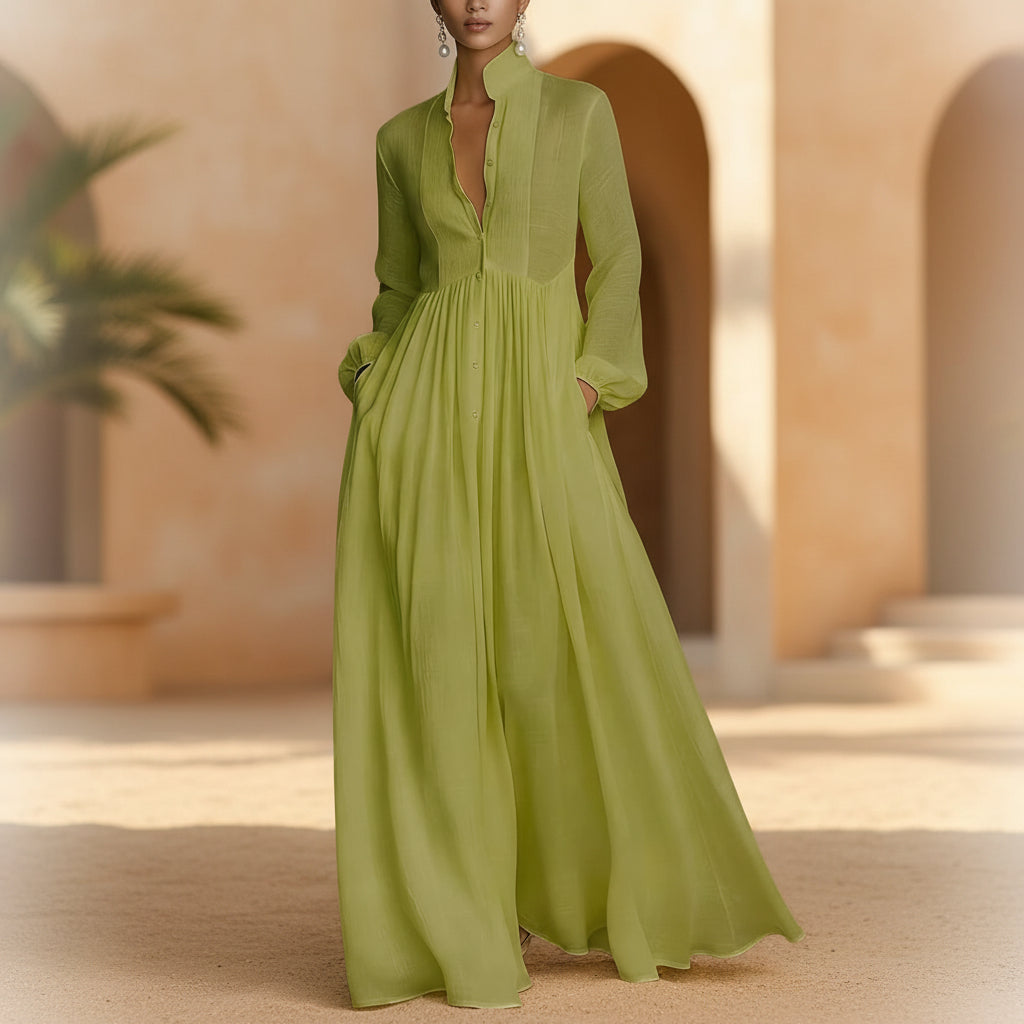 Chiffon French Style Long Sleeve Pleated A-Line Maxi Dress