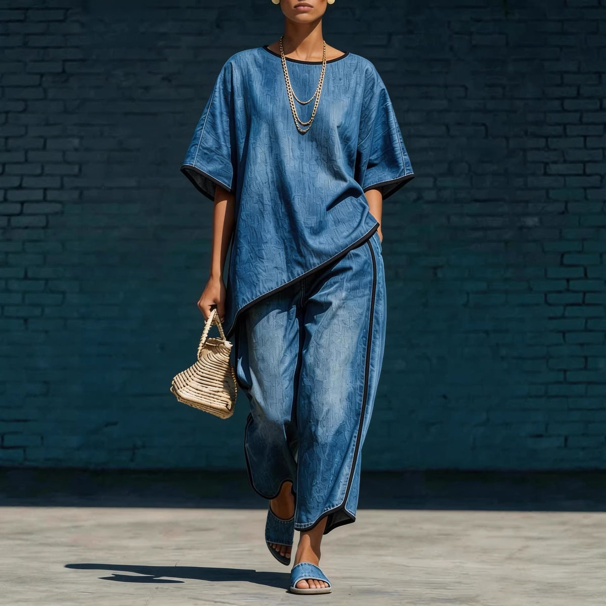 Denim-Style Knit Top & Wide-Leg Pants Set