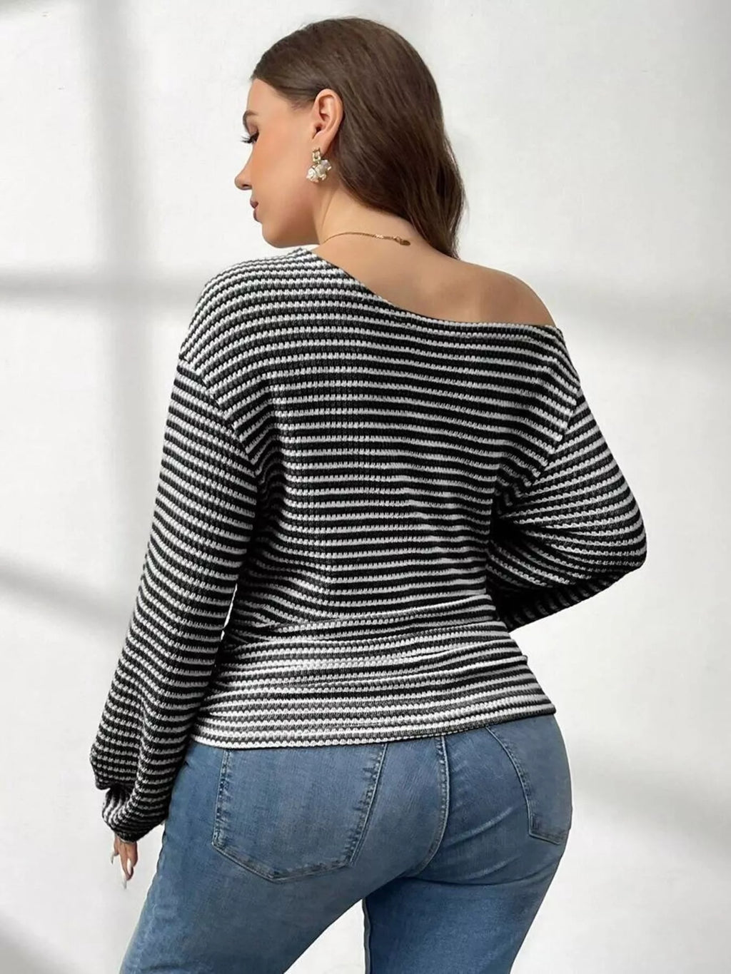 Plus Size Striped One-Shoulder Long Sleeve T-Shirt See size chart under “more details”