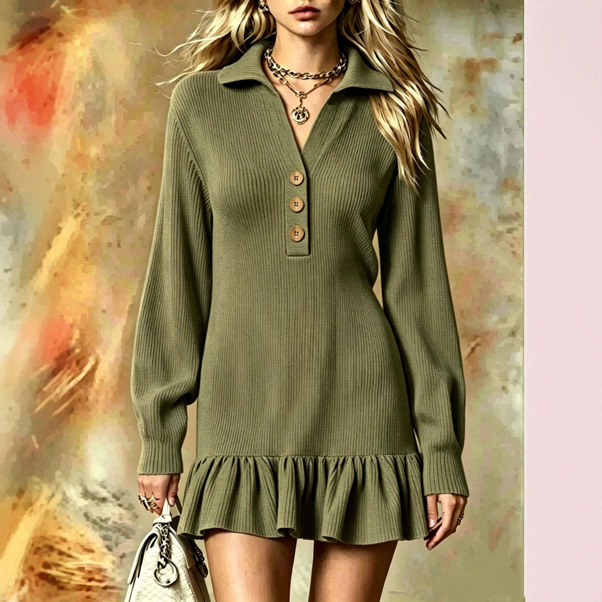 Ribbed Knit Polo Dress W/ Ruffle Hem Mini Dress