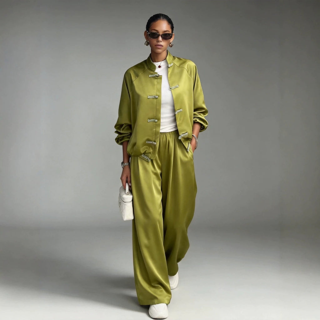 Satin Frog Button Jacket & Wide Leg Pants Set