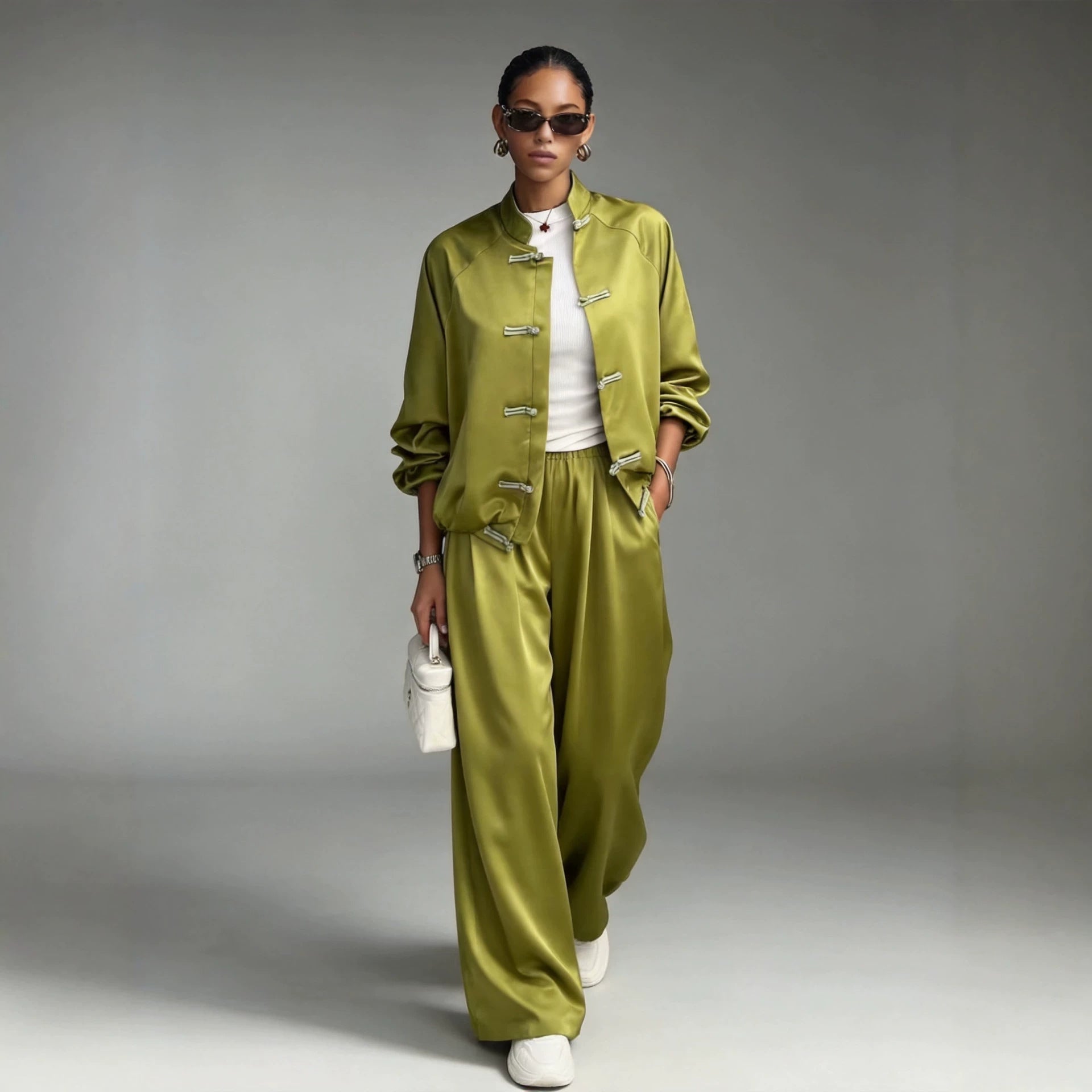 Satin Frog Button Jacket & Wide Leg Pants Set