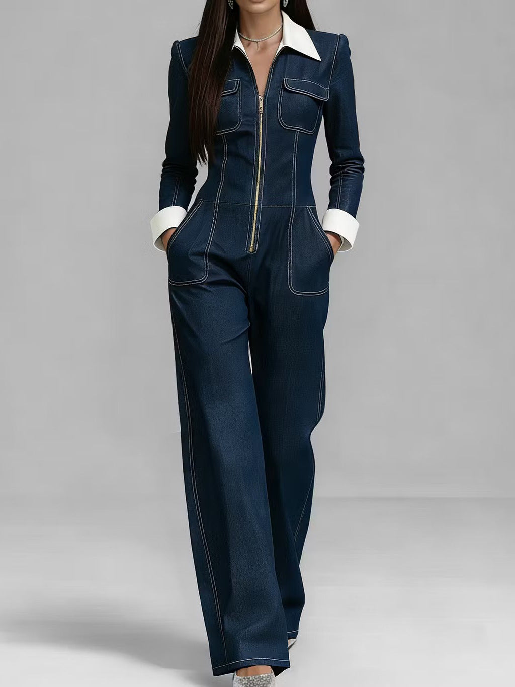 Denim Lapel-collar Long-sleeve Pocketed Jumpsuit