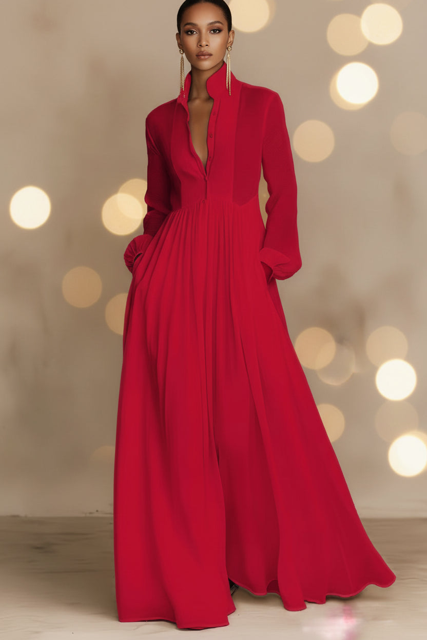 Chiffon French Style Long Sleeve Pleated A-Line Maxi Dress