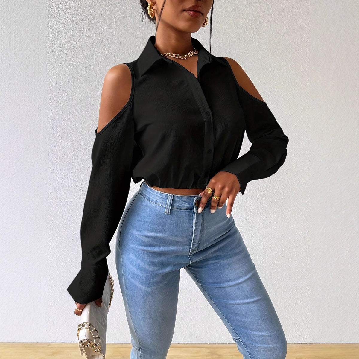Textured Cold-Shoulder Blouse