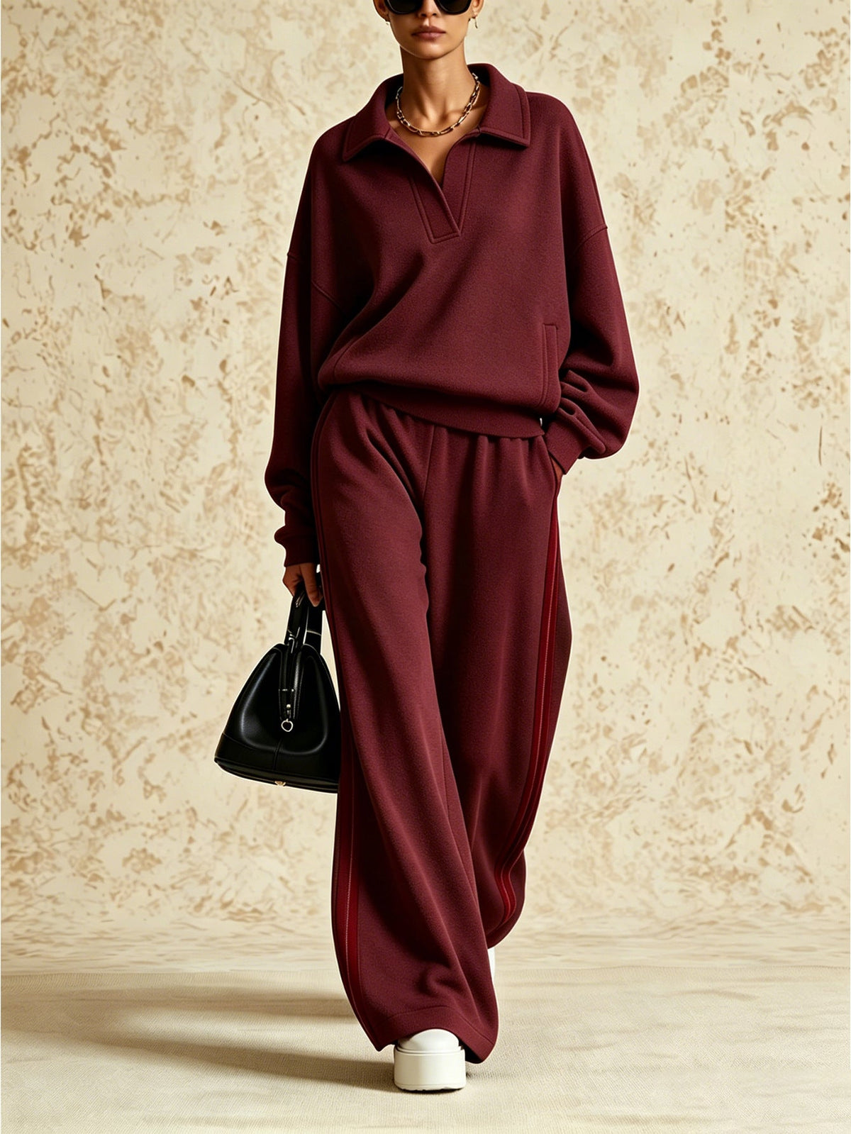 Women's Polo-Collar Oversized Sweatshirt & Side-Stripe Wide-Leg Pants Set