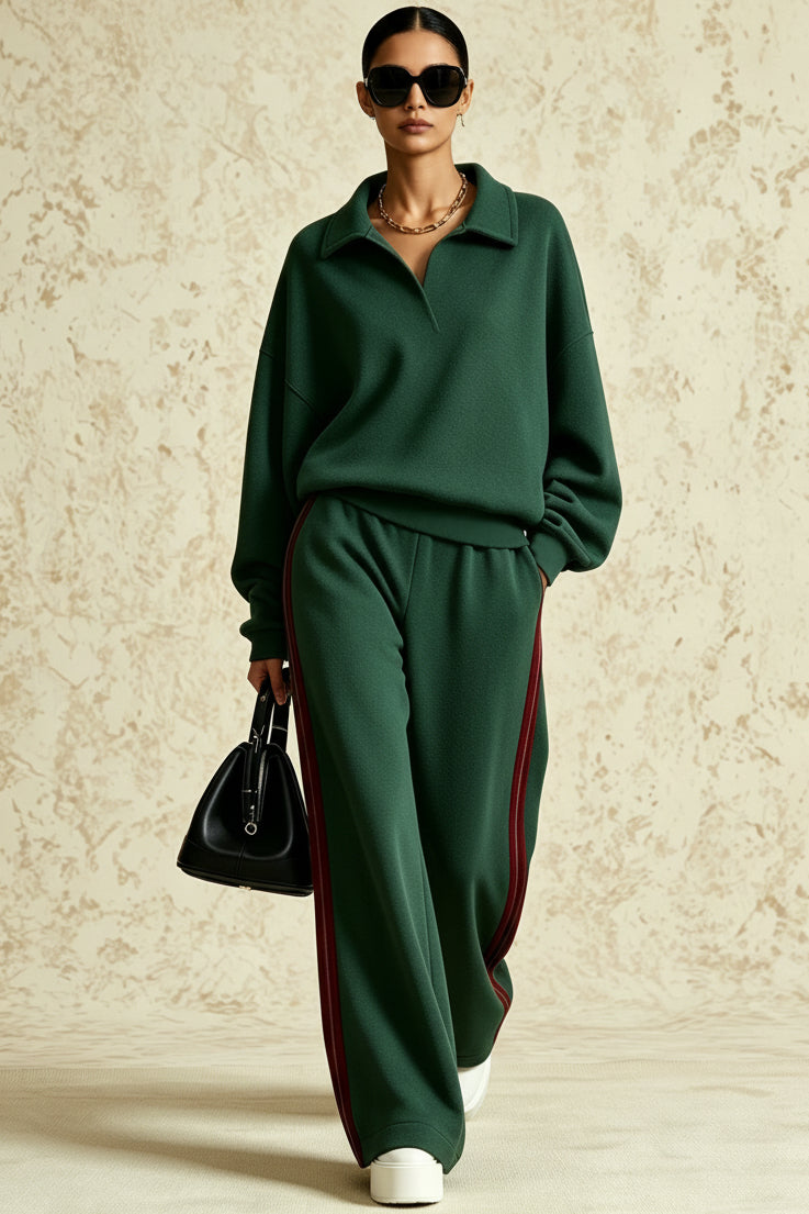 Women's Polo-Collar Oversized Sweatshirt & Side-Stripe Wide-Leg Pants Set