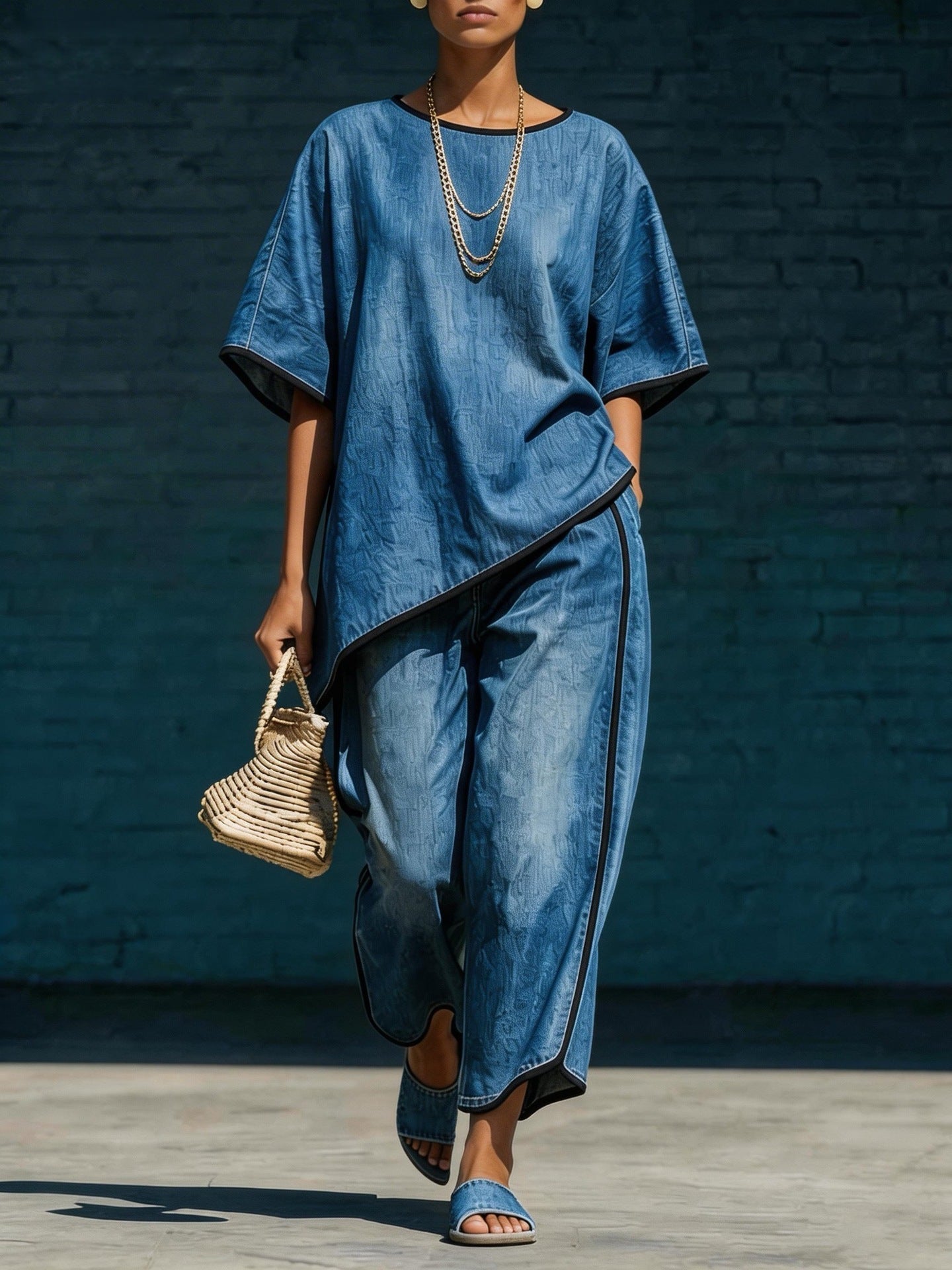 Denim-Style Knit Top & Wide-Leg Pants Set