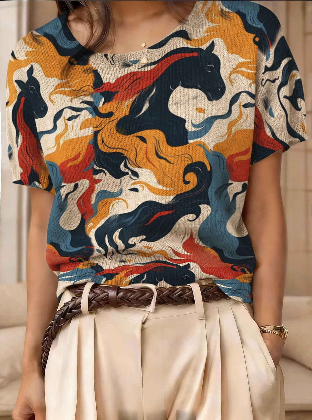 Retro Short-Sleeve Jacquard Knit Top