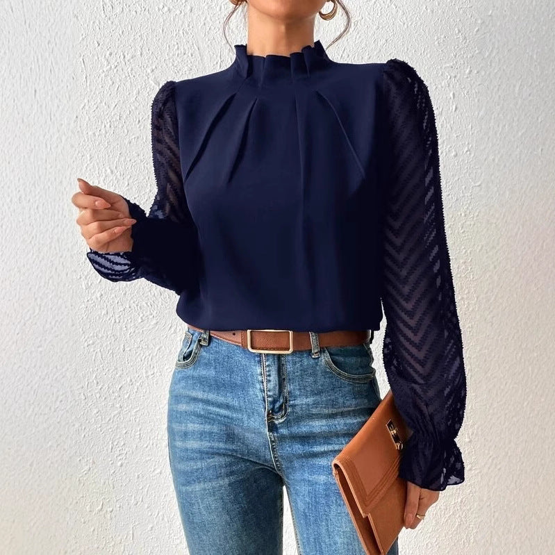 Wave Pattern Sheer Sleeves Blouse