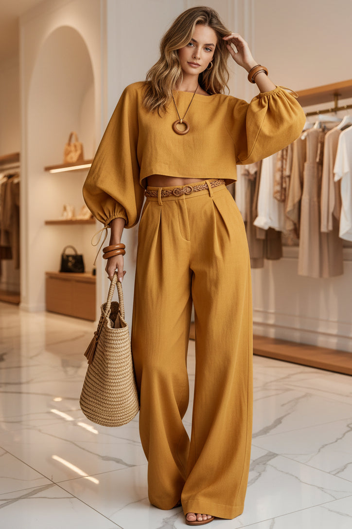 Women's Balloon Puff Sleeve Tie-Cuff Crop Top & Pleated Wide-Leg Trousers Set