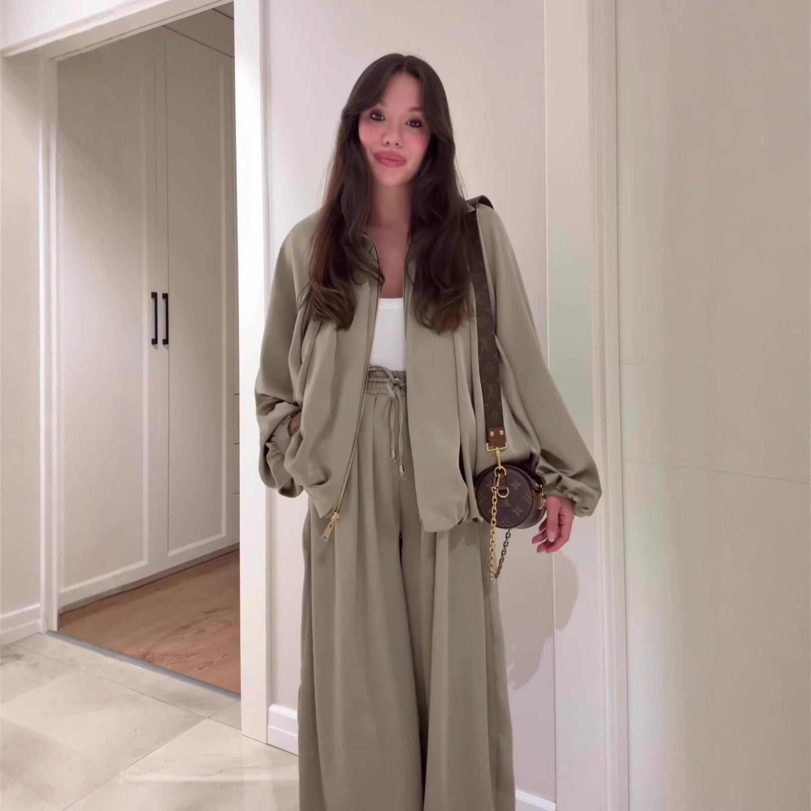 Flip Collar Long Sleeve Jacket & Pants Two-Piece Set