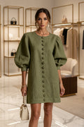 Button Front A-Line Puff Sleeve Dress