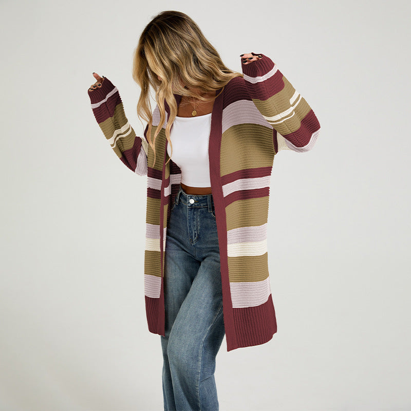 Color-Block Striped Knit Cardigan