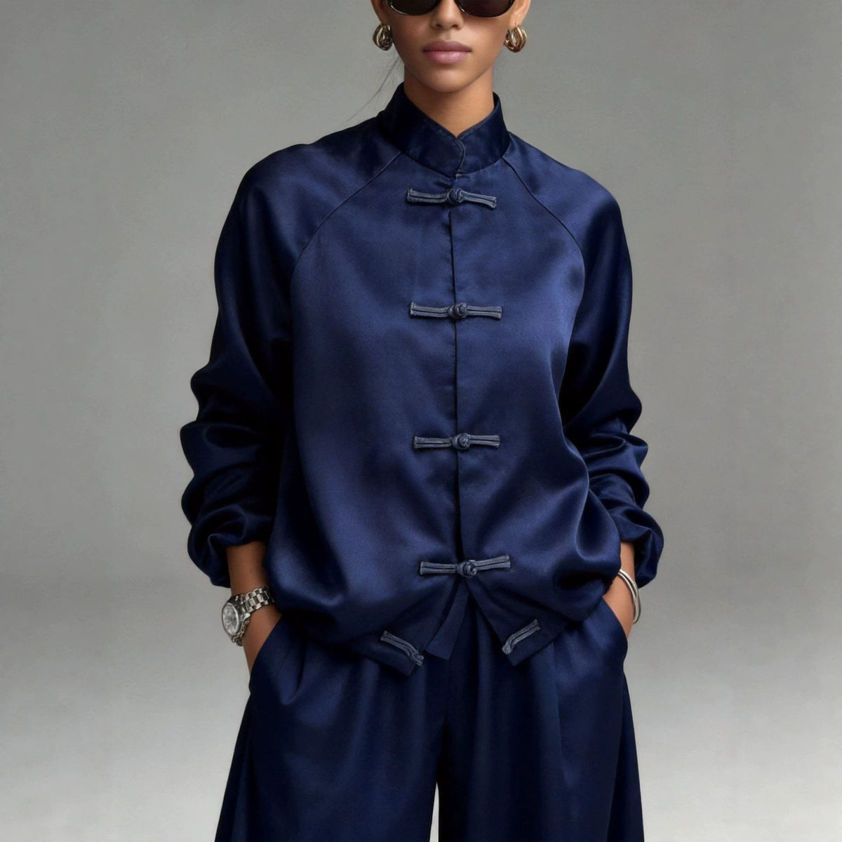 Satin Frog Button Jacket & Wide Leg Pants Set