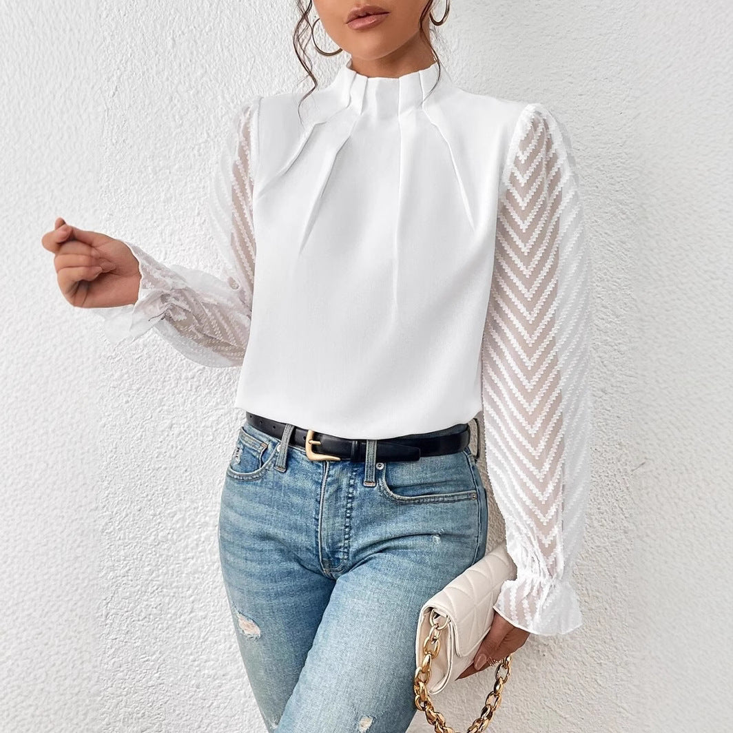 Wave Pattern Sheer Sleeves Blouse