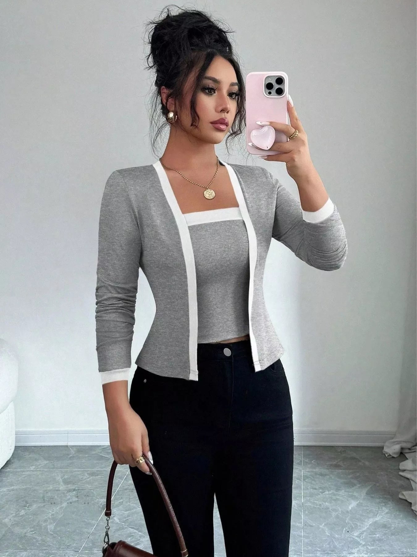 Contrast Trim Cardigan & Tank Top Set