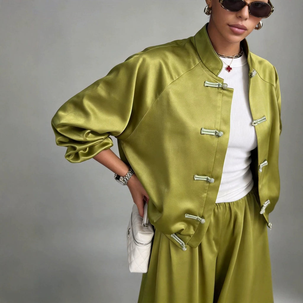 Satin Frog Button Jacket & Wide Leg Pants Set