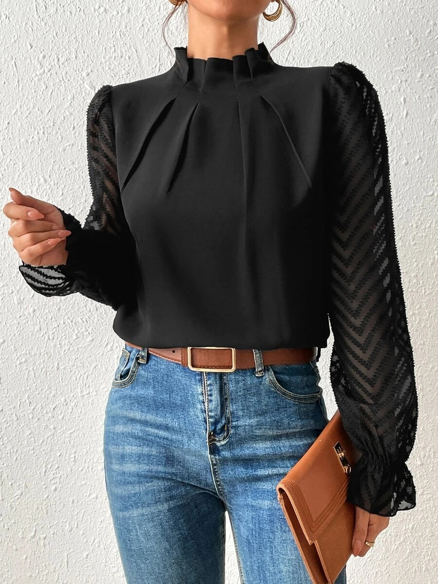 Wave Pattern Sheer Sleeves Blouse