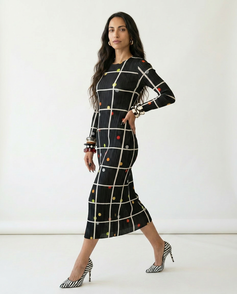 Vibrant Plaid Pleated Maxi Dress