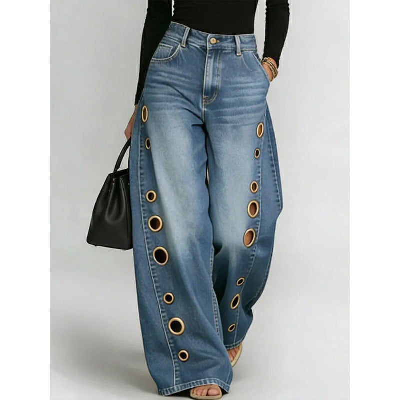 Metal Eyelet Loose Wide-Leg Jeans