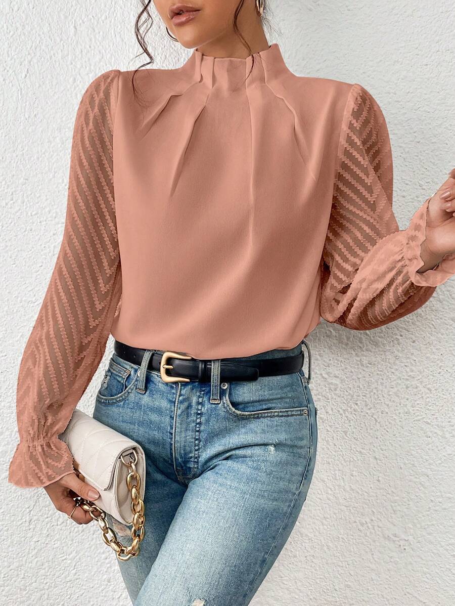 Wave Pattern Sheer Sleeves Blouse