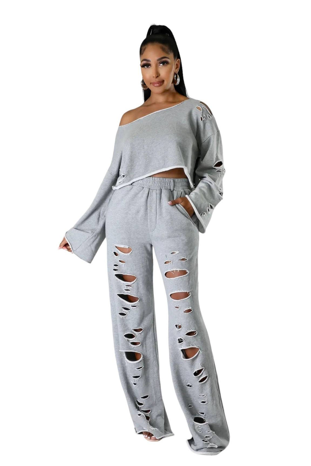 Two Piece Off the Shoulder Distressed Pants Set {TALL GIRL FRIENDLY}