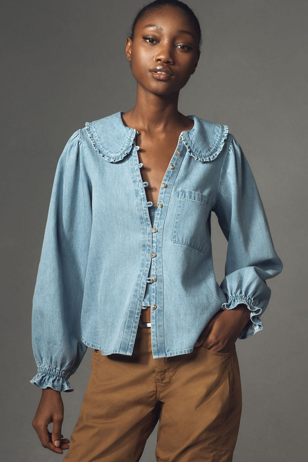 Clara Balloon-Sleeve Denim Blouse