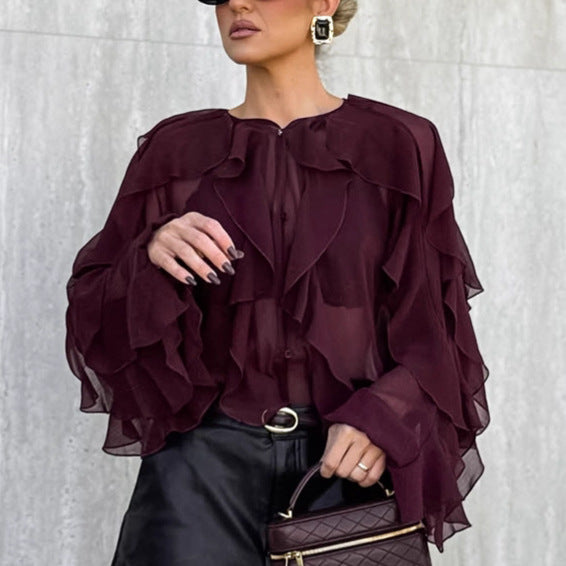 Burgundy Chiffon Cascade Top