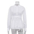 Casual Lace up Shirt Women Simple Collared Long Sleeve Cardigan Shirt French Top