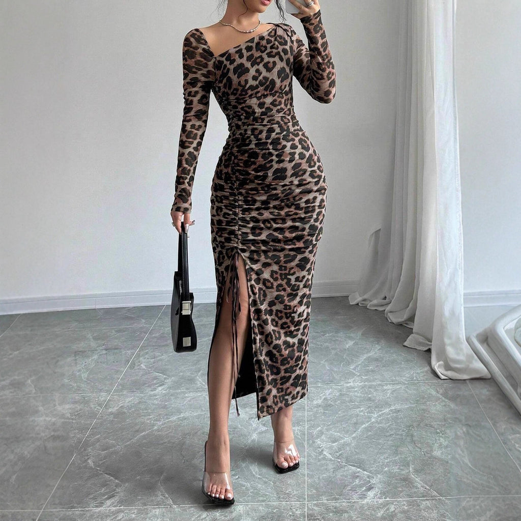 Leopard Print Dress Autumn Winter Sexy Slim Hip Sexy Long Sleeve Inner Wear Office