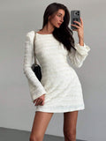 Texture Flared Sleeve Backless Lace up French Gentle Slim Fit Dress