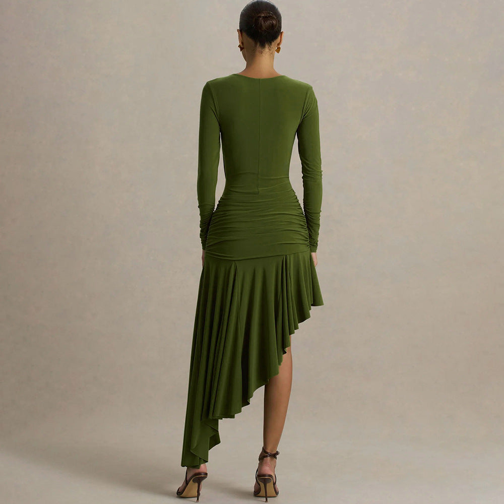 Olive Asymmetric Keyhole Midi Dress