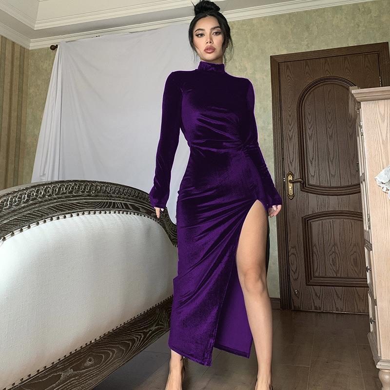 Black Velvet Mock Neck Split Thigh Maxi Dress