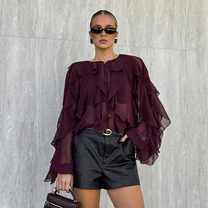 Burgundy Chiffon Cascade Top