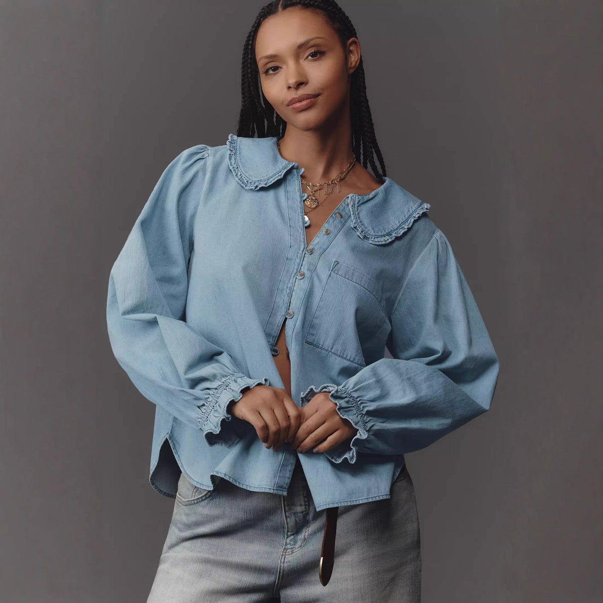 Clara Balloon-Sleeve Denim Blouse