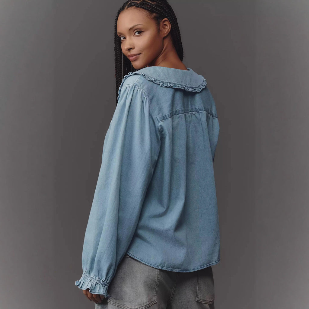Clara Balloon-Sleeve Denim Blouse