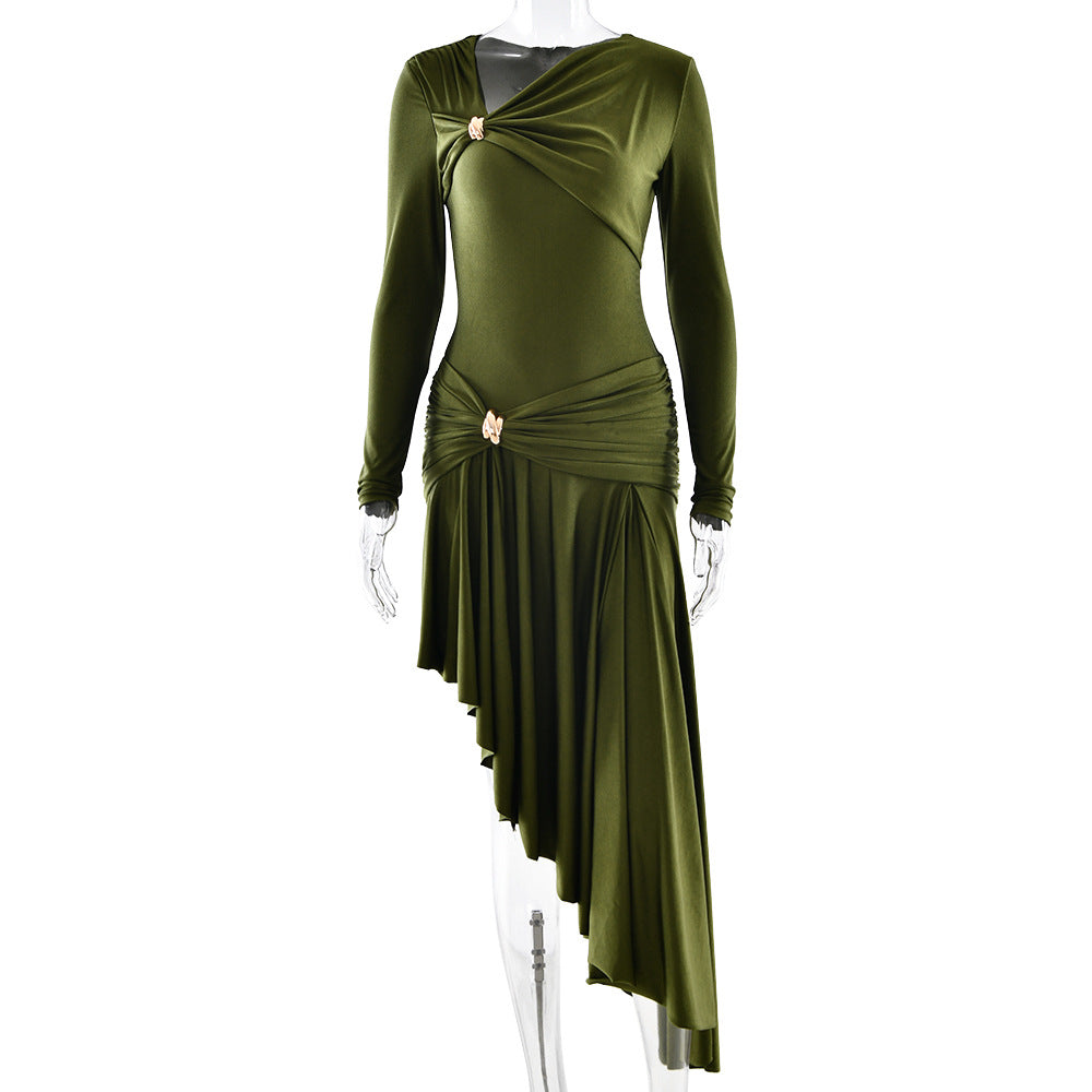 Olive Asymmetric Keyhole Midi Dress
