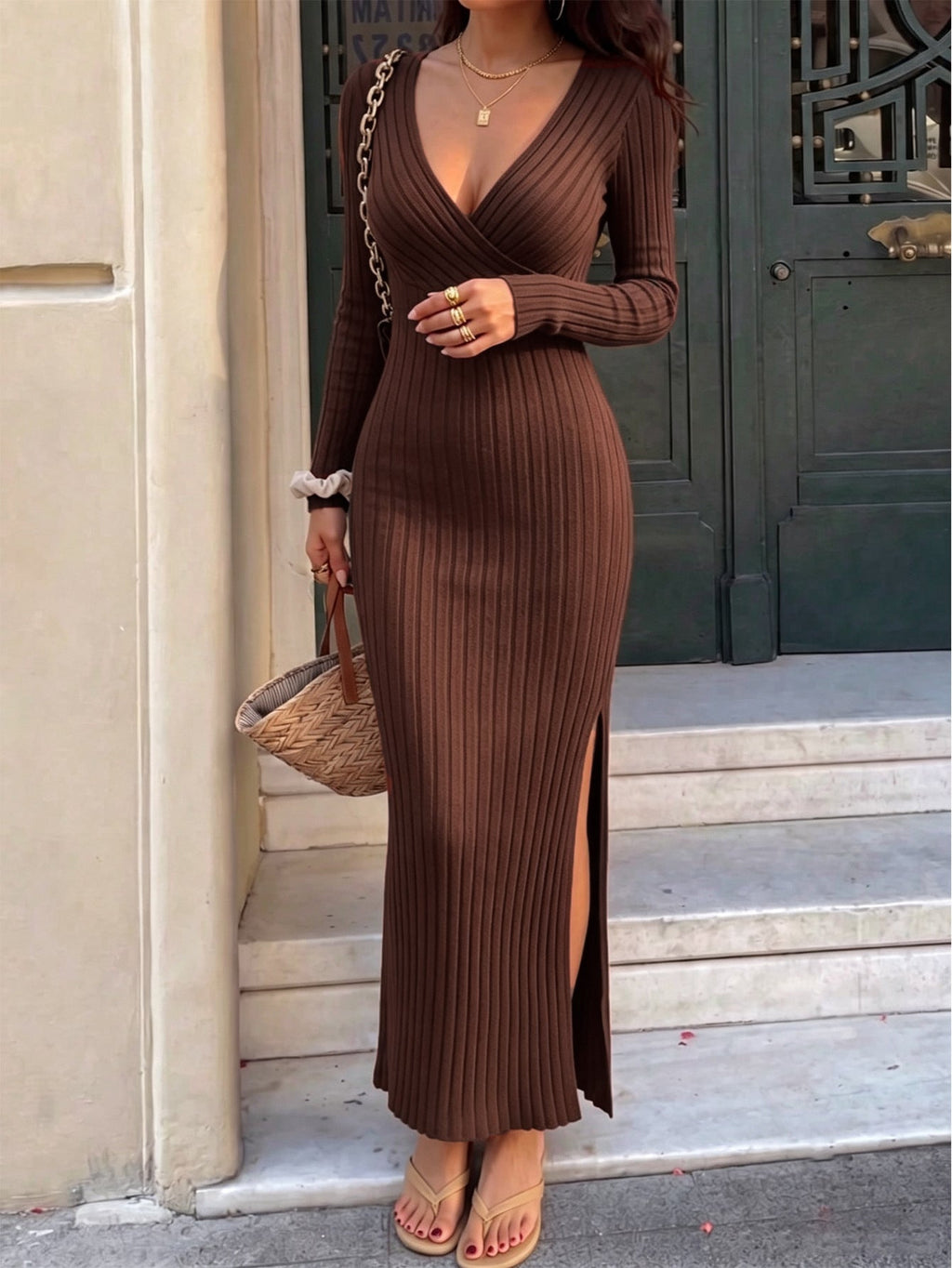 Autumn Winter Deep V Plunge neck Knitted Dress Women Long Sleeved Waist Slimming Slit Sheath Dress